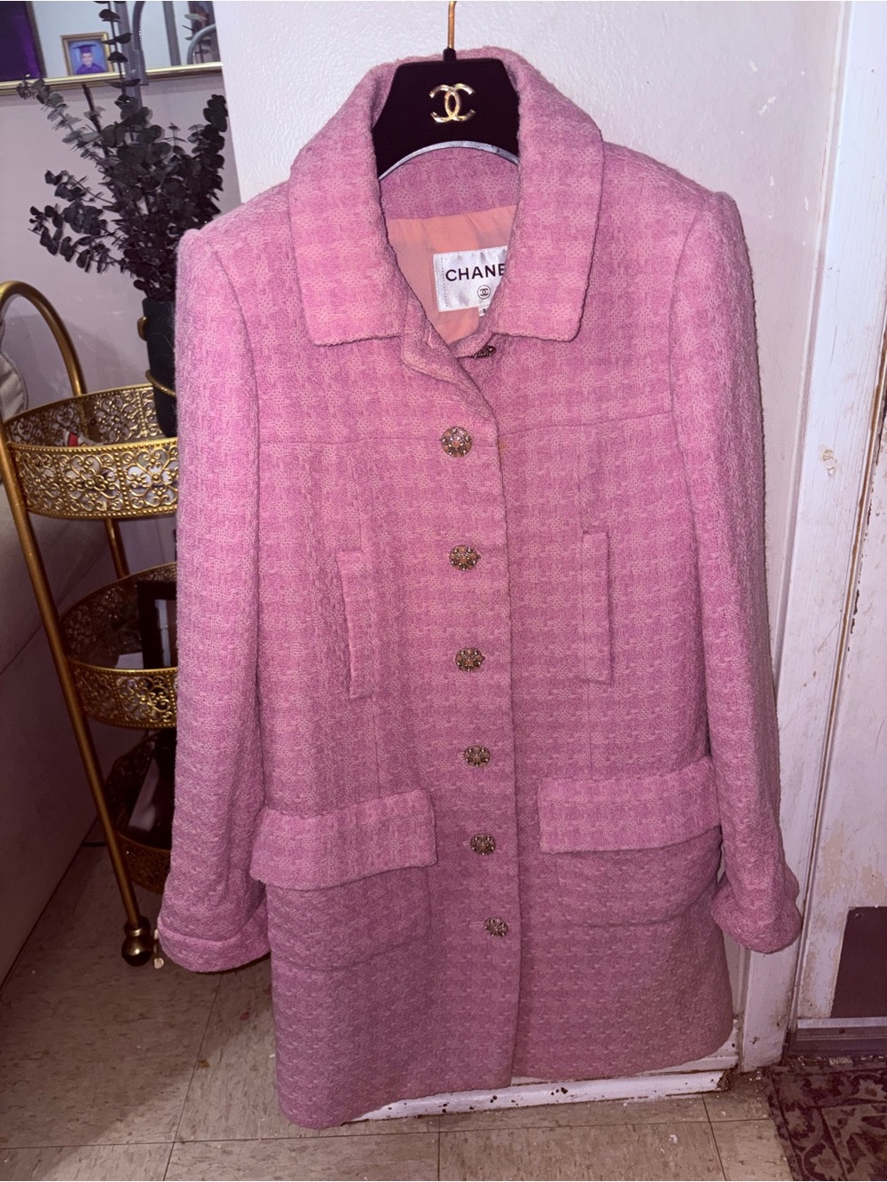 CHANEL Pink Tweed Blazer Jacket with Gold Buttons